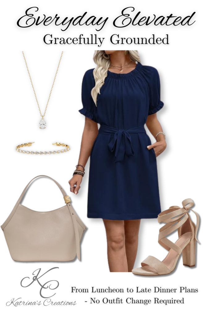Navy short sleeve tie-waist dress styled with nude ankle strap block heels, beige handbag, gold pendant necklace, and crystal bracelet for an elegant brunch or wedding guest outfit.