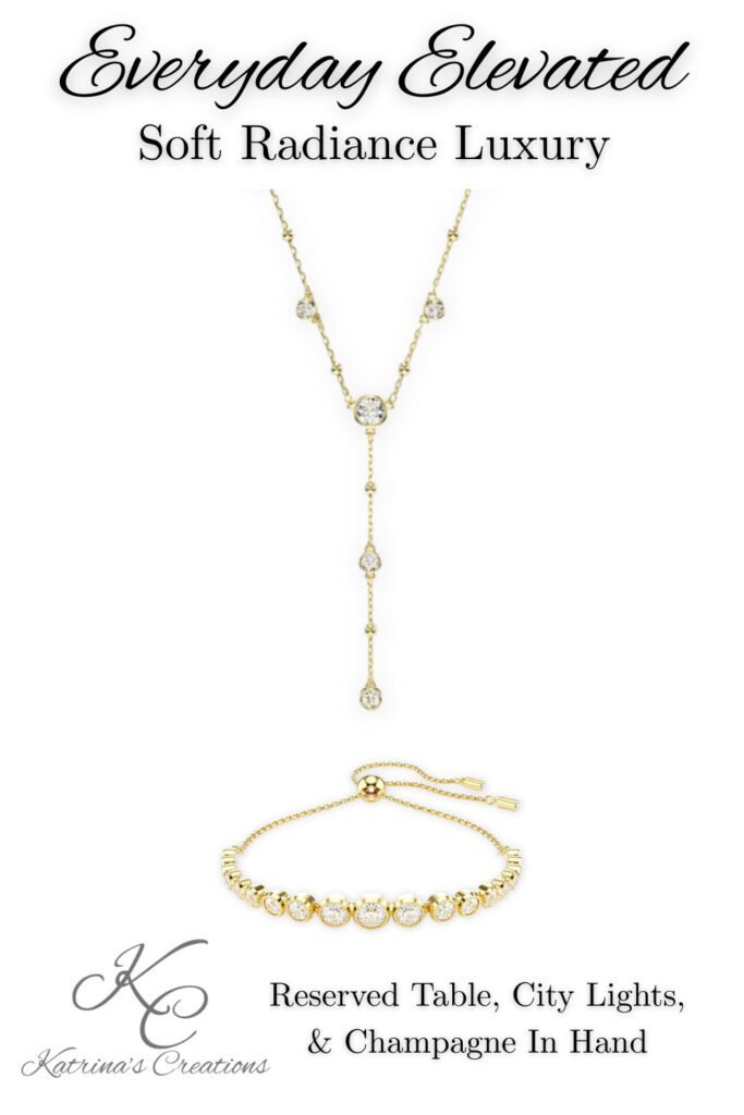 Elegant jewelry collection featuring gold lariat necklace with drop detail and matching diamond bracelet displayed on neutral background for evening event styling inspiration.