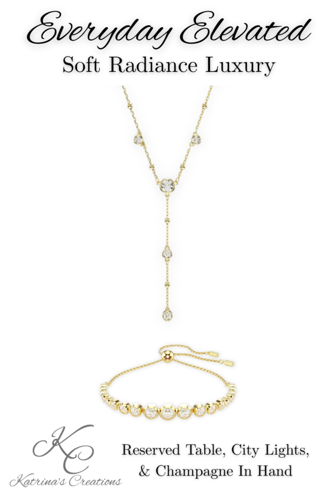 Elegant gold lariat necklace with drop detail and matching diamond bracelet displayed on neutral background for evening event styling inspiration.
