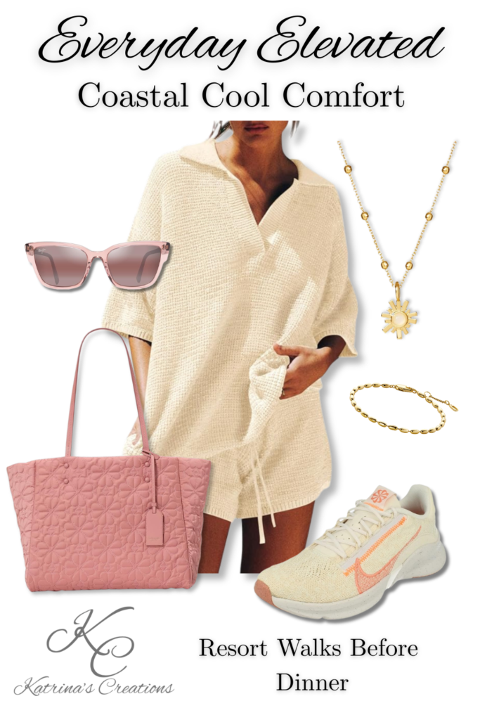 Resort wear outfit featuring neutral knit lounge set with oversized pullover and shorts, blush quilted tote bag, pastel sneakers, gold sun pendant necklace, gold bracelet, and pink sunglasses styled for coastal vacation evenings.