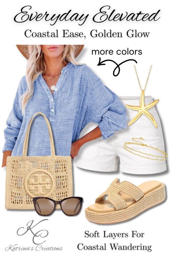 Coastal summer outfit featuring blue gauze blouse, white shorts, woven sandals, straw tote bag, gold jewelry, and sunglasses styled for beachside wandering.