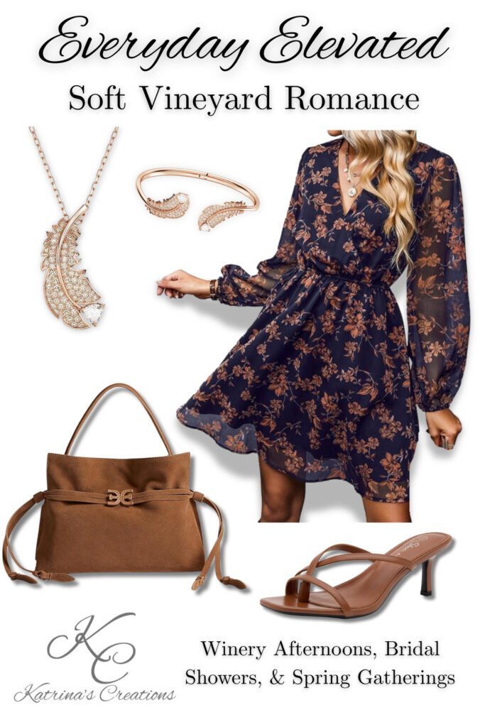Soft vineyard spring dress outfit featuring a navy floral wrap dress, tan heeled sandals, a brown handbag, and rose-gold jewelry styled for winery afternoons and bridal showers.