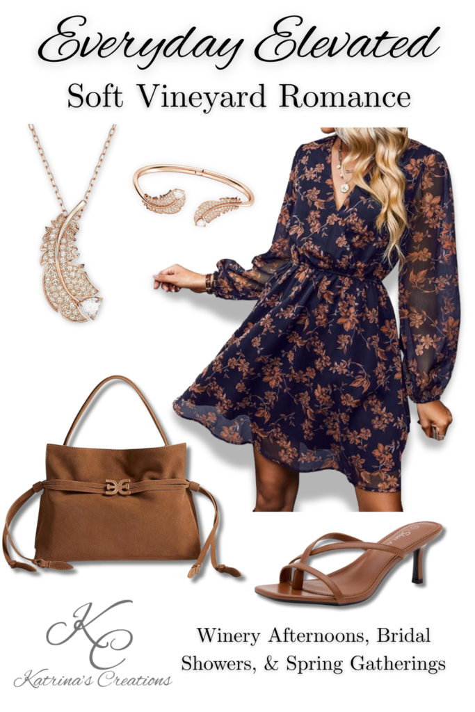 Soft vineyard spring dress outfit featuring a navy floral wrap dress, tan heeled sandals, a brown handbag, and rose-gold jewelry styled for winery afternoons and bridal showers.
