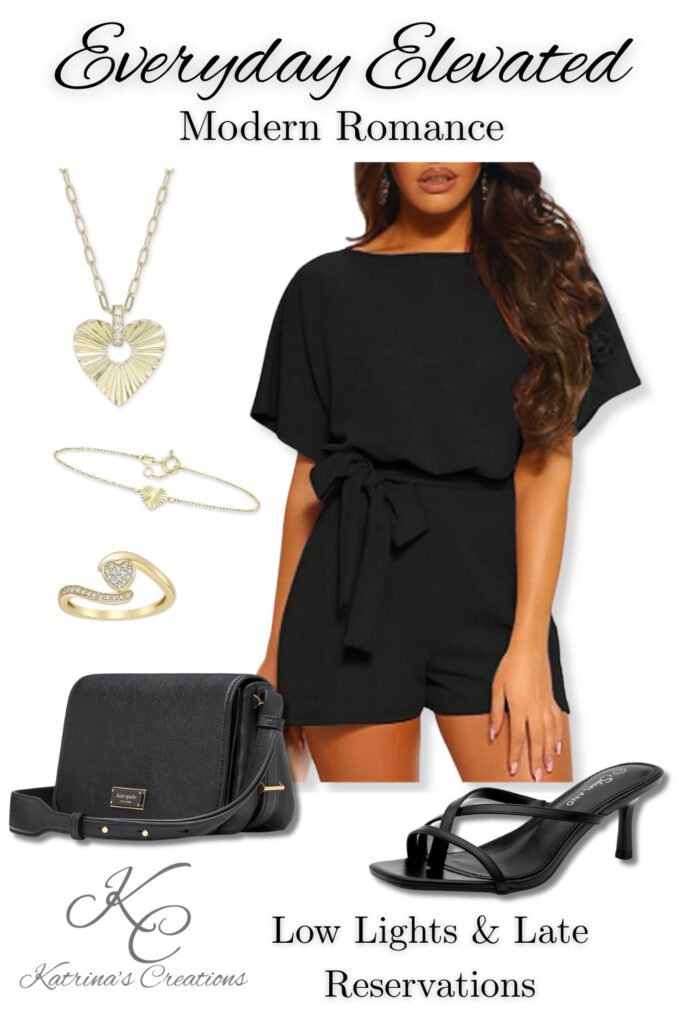 Black romper styled with black heels, black crossbody bag, and gold heart jewelry set for an elegant city date night outfit.