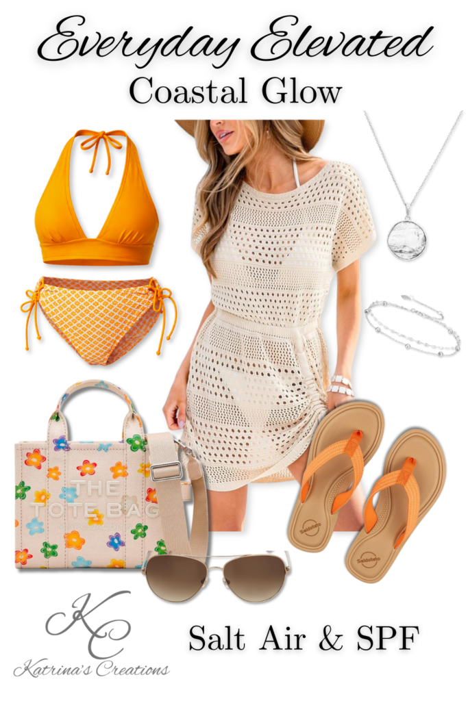 Yellow-orange bikini paired with a neutral crochet cover-up dress, woven tote bag, flip flops, sunglasses, and silver jewelry for an elevated beach outfit.