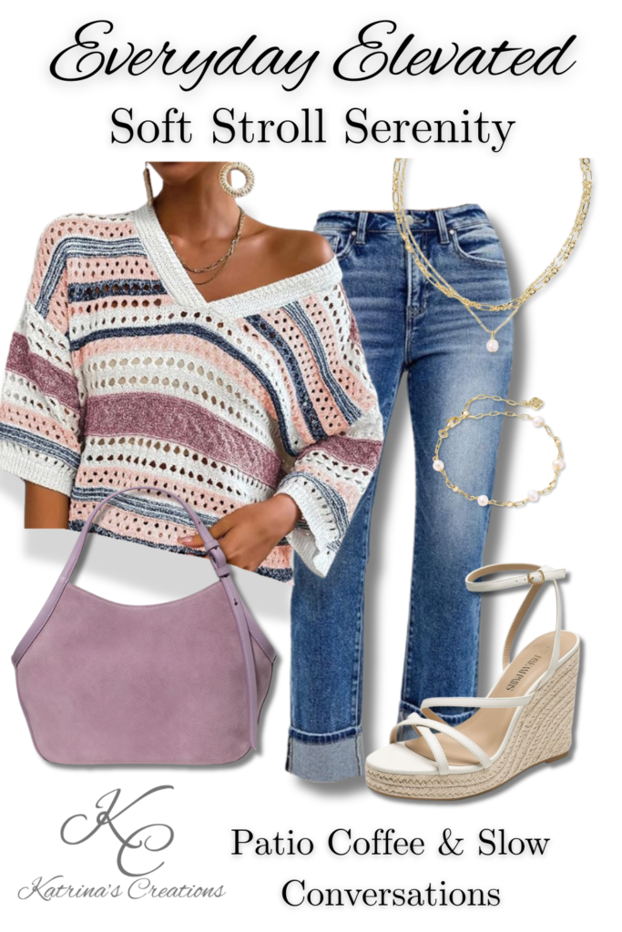 Crochet knit sweater with straight leg jeans, espadrille wedge sandals, mauve handbag, and layered gold jewelry styled in a casual feminine spring outfit.