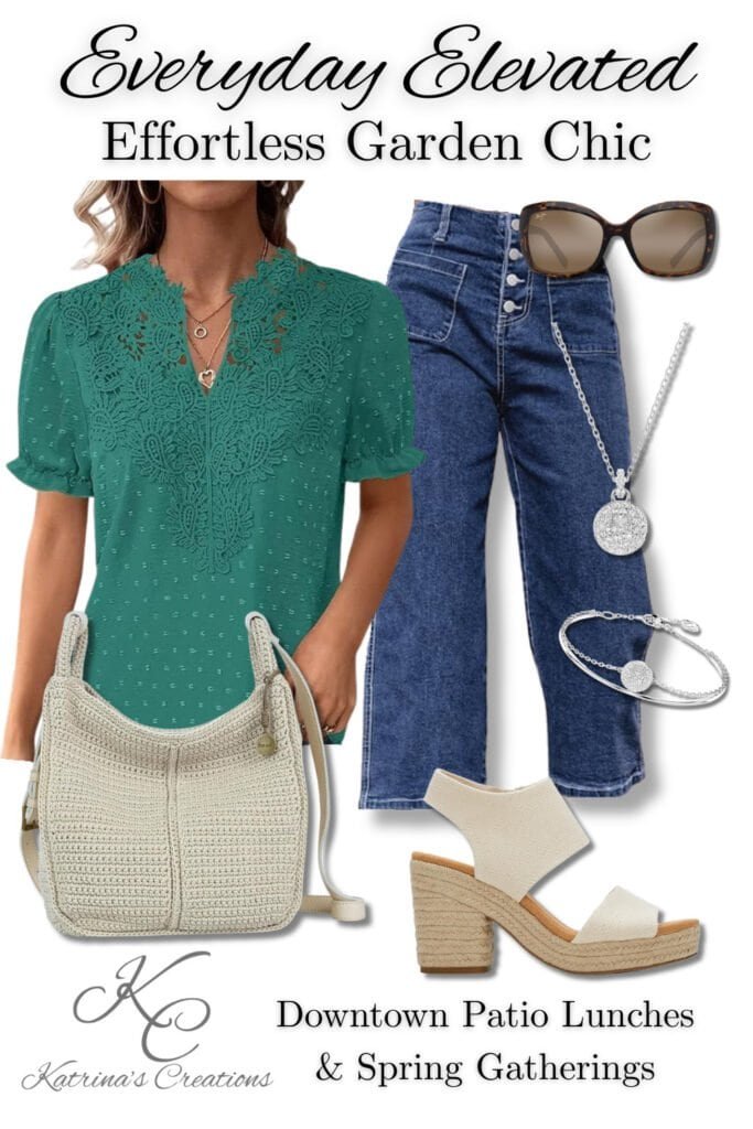 Casual spring outfit featuring a green lace blouse, high-rise denim jeans, woven neutral handbag, espadrille block heels, silver jewelry, and oversized sunglasses.