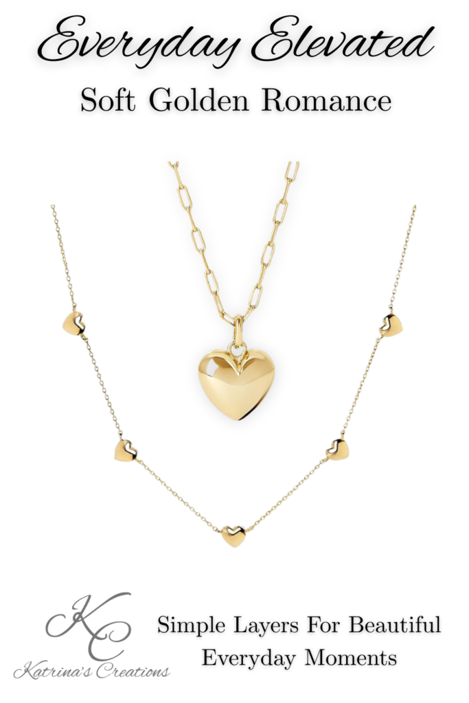 Layered gold heart jewelry necklace set featuring a delicate floating heart chain and a puff heart pendant necklace styled together for everyday elegance and date night layering.