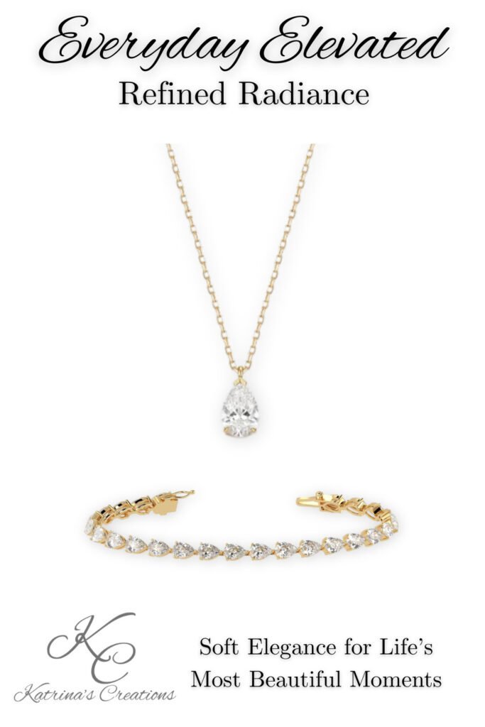 Lab-grown pear-shaped diamond pendant necklace and matching pear-shaped diamond tennis bracelet in 14K yellow gold styled as an elegant fine jewelry collection set for formal events and special occasions.