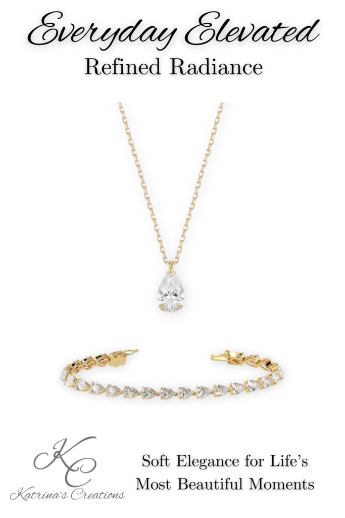 Lab-grown pear-shaped diamond pendant necklace and matching pear-shaped diamond tennis bracelet in 14K yellow gold styled as an elegant fine jewelry set for formal events and special occasions.
