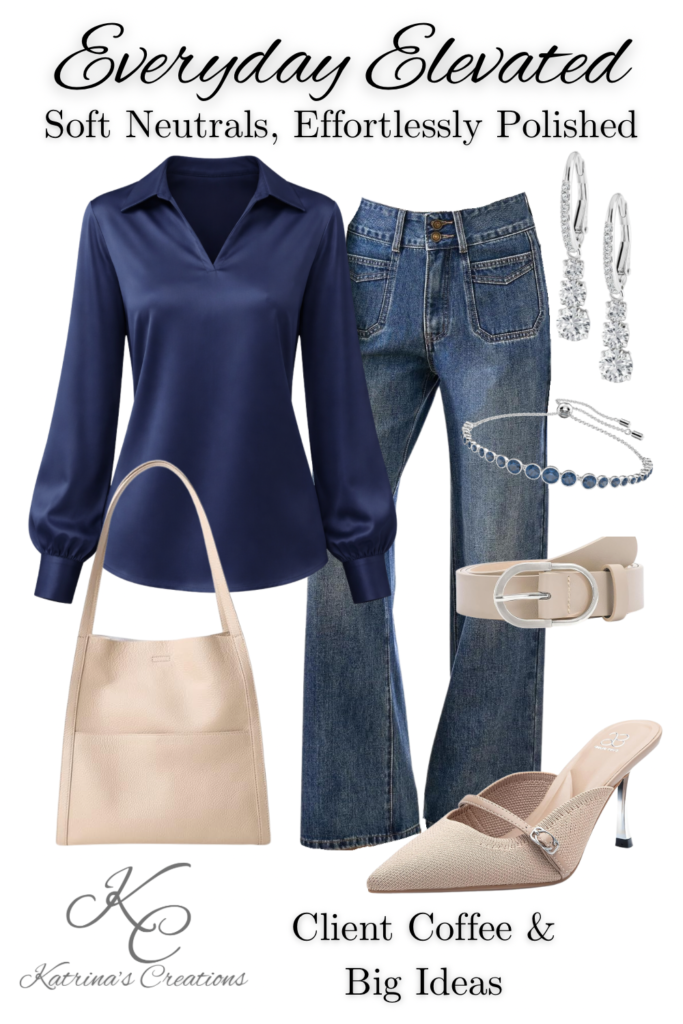 Everyday Elevated business casual outfit featuring a navy satin blouse, dark wash jeans, beige tote bag, neutral slingback heels, silver drop earrings, and bracelet styled for a client coffee meeting.