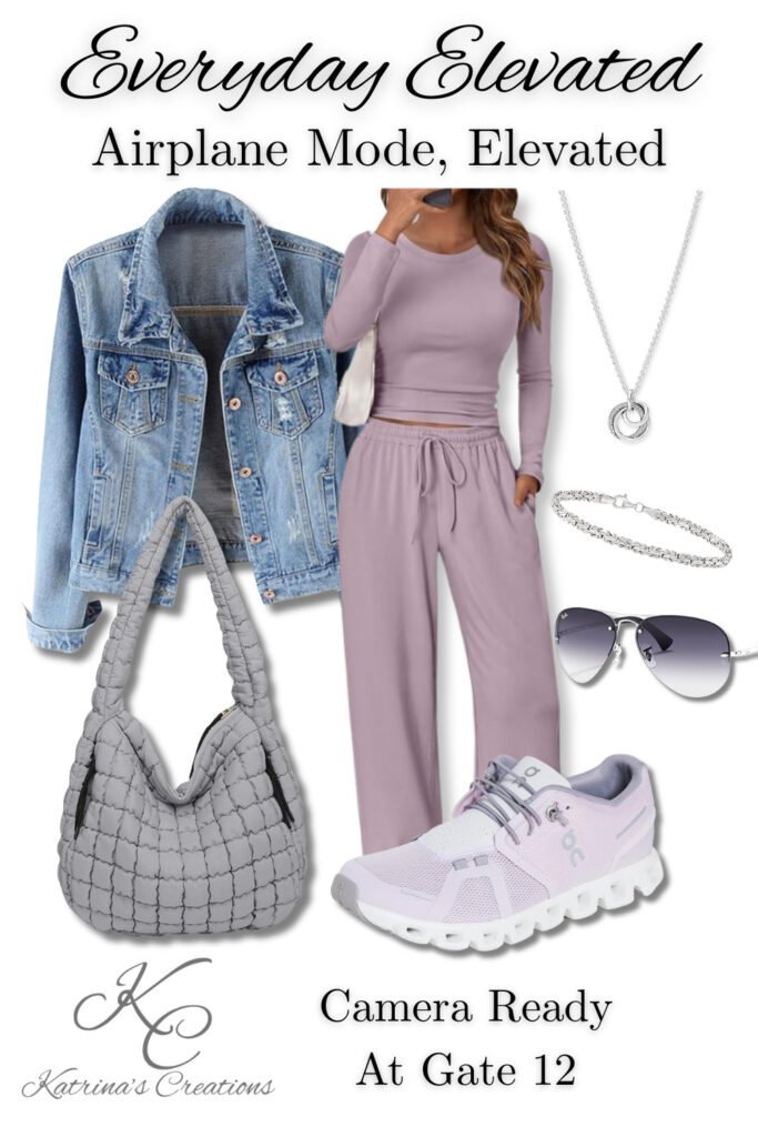 Everyday Elevated travel day outfit featuring a lilac athleisure set, light wash denim jacket, gray quilted tote bag, lavender sneakers, and silver necklace styled for early airport mornings.