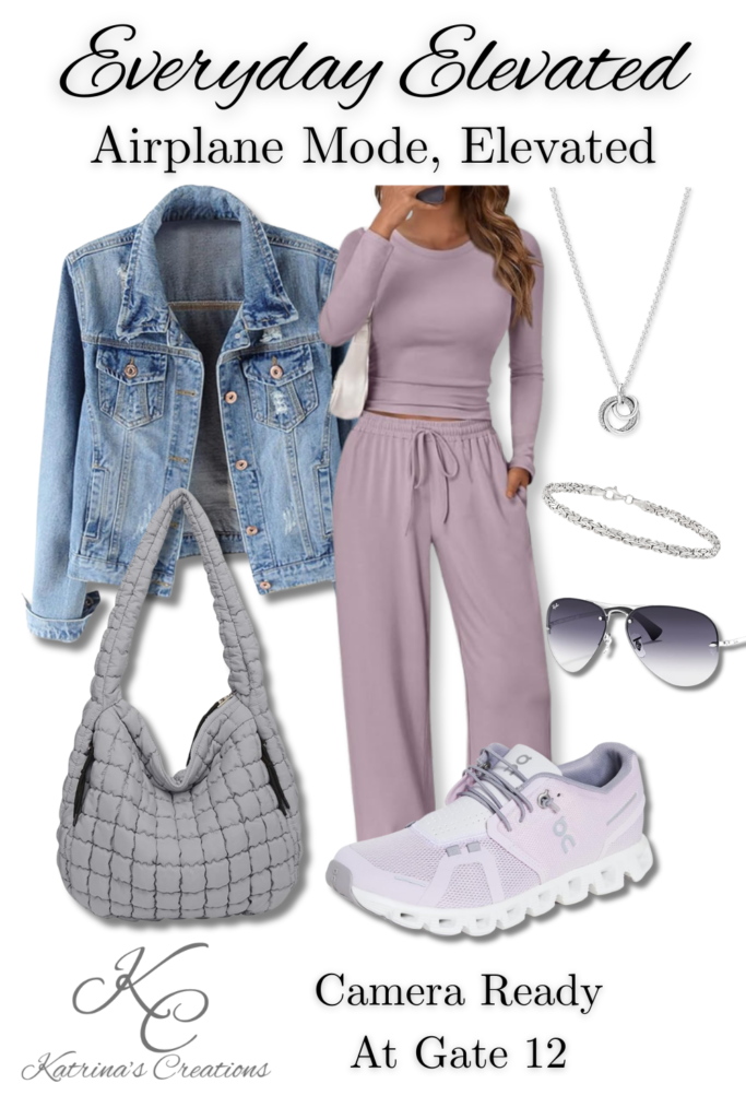 Everyday Elevated travel day outfit featuring a lilac athleisure set, light wash denim jacket, gray quilted tote bag, lavender sneakers, and silver necklace styled for early airport mornings.
