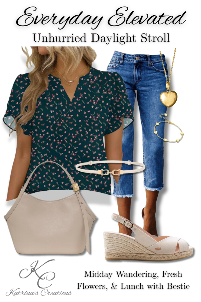Romantic spring stroll outfit featuring a floral blouse, cropped denim jeans, espadrille wedge sandals, a neutral shoulder bag, slim belt, and gold jewelry styled for boutique wandering and lunch dates.