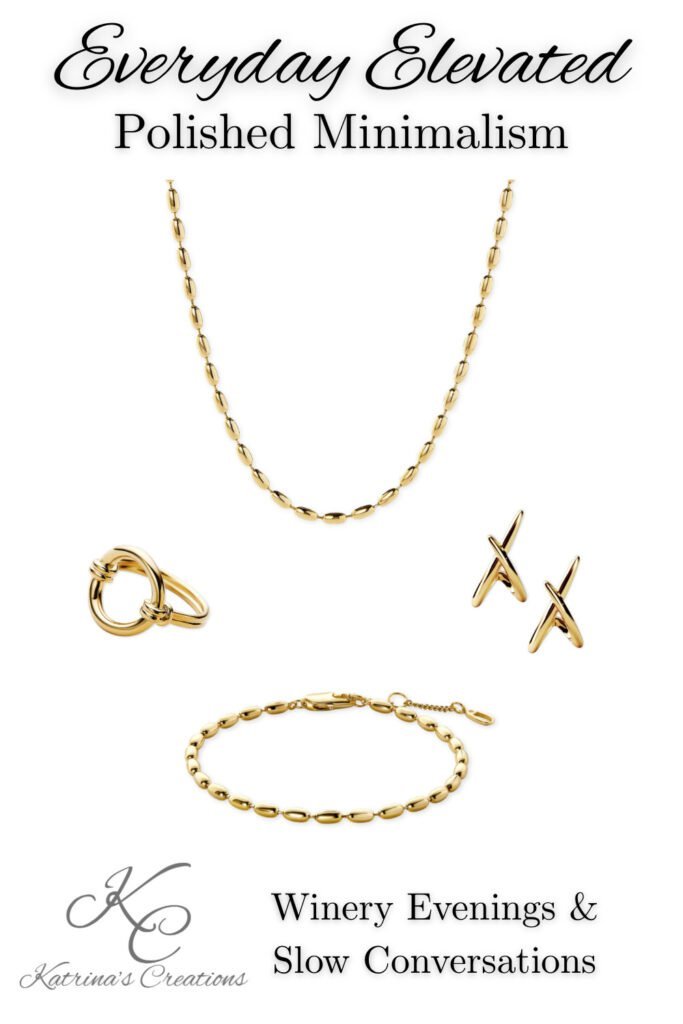 Modern gold jewelry set with beaded chain necklace, matching bracelet, sculptural stud earrings, and knot-style ring displayed on a neutral background.