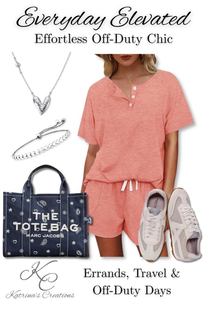 Coral two-piece lounge set with drawstring shorts styled with neutral sneakers and navy tote bag for casual travel and everyday comfort outfit inspiration.