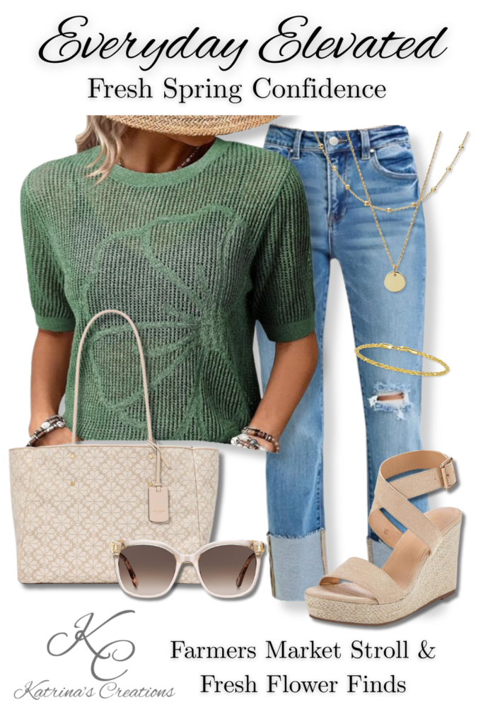 Green heart knit short sleeve sweater outfit styled with cuffed jeans, beige wedges, neutral patterned tote, sunglasses, and layered gold jewelry for a casual spring look.