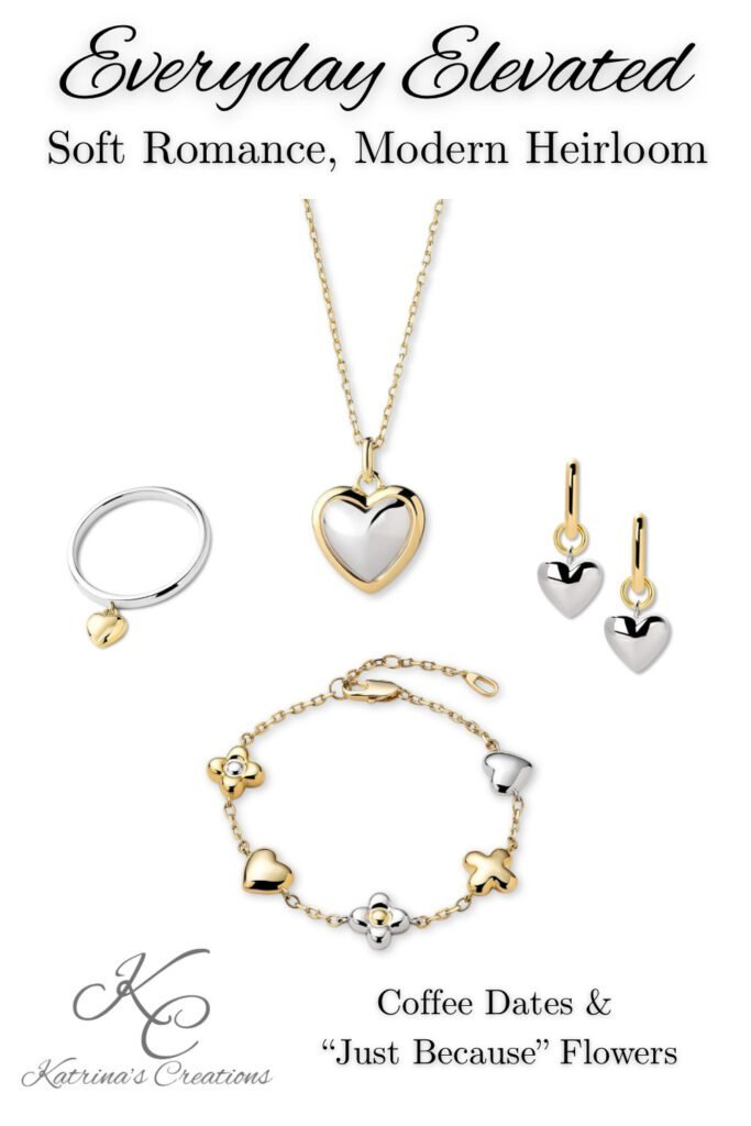 Gold and silver mixed metal heart jewelry set including heart pendant necklace, drop earrings, charm bracelet, and bangle styled in a feminine everyday elegant aesthetic.