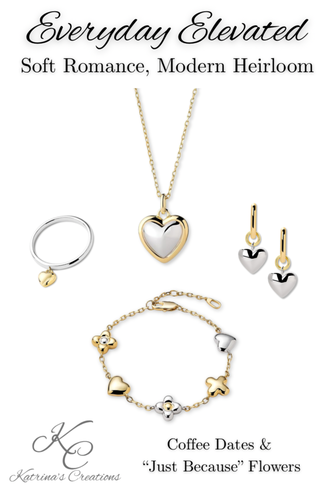 Gold and silver mixed metal heart jewelry set including heart pendant necklace, drop earrings, charm bracelet, and bangle styled in a feminine everyday elegant aesthetic.