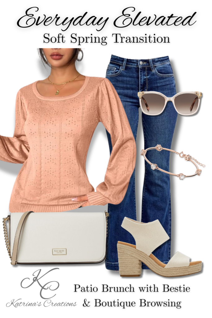 Everyday Elevated patio brunch outfit featuring a peach knit sweater, dark wash jeans, neutral espadrille block heels, cream Kate Spade crossbody bag, sunglasses, and gold jewelry styled for boutique browsing.