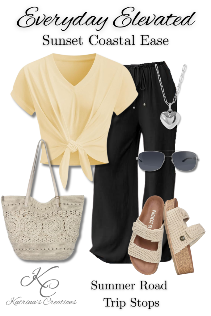 Summer road trip outfit with yellow tie-front top, black wide leg pants, woven tote bag, slide sandals, sunglasses, and silver heart necklace styled for travel days and coastal stops.