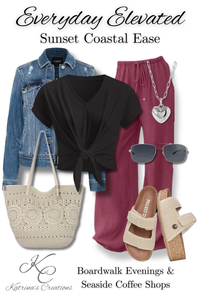 Summer coastal evening outfit with black tie-front top, burgundy wide leg pants, denim jacket, woven tote bag, slide sandals, and sunglasses for boardwalk strolls and seaside dinners.