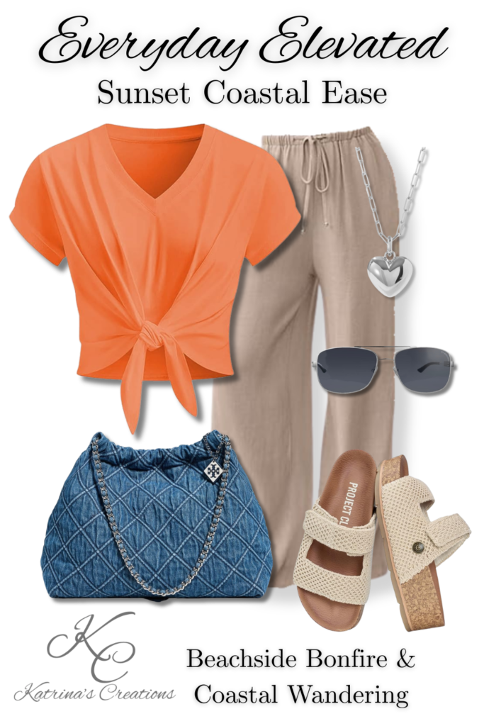 Coastal summer outfit idea with coral tie-front top, neutral wide-leg pants, denim jacket, woven slide sandals, quilted denim handbag, silver heart necklace, and sunglasses styled for beachside bonfires and boardwalk evenings.