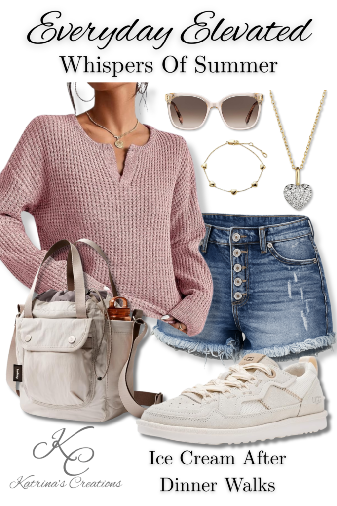 Casual summer outfit featuring high-waisted denim shorts, blush knit sweater, neutral sneakers, structured tote bag, and heart jewelry styled for an evening walk look.