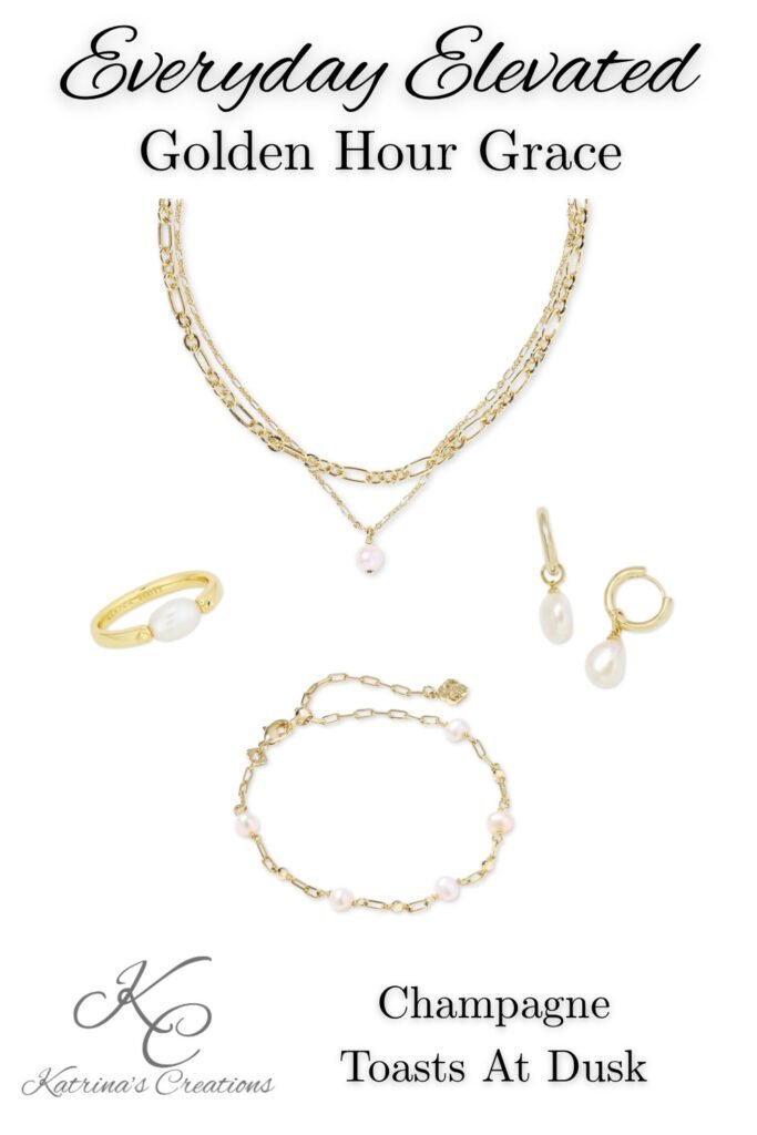 Gold layered necklace with pearl bracelet, pearl drop earrings, and gold ring styled in an elegant feminine jewelry collection.