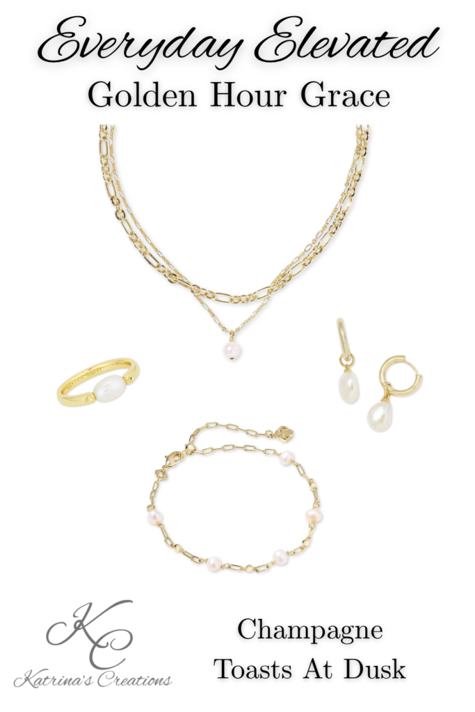 Gold layered necklace with pearl bracelet, pearl drop earrings, and gold ring styled in an elegant feminine jewelry collection.