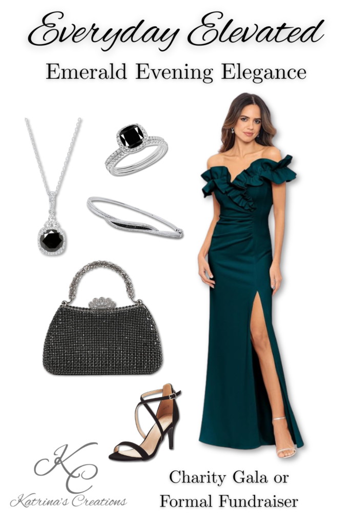 Emerald green off-the-shoulder evening gown styled with black crystal clutch, black heels, and silver jewelry for a wedding guest or charity gala outfit