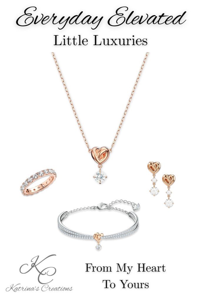 Rose gold heart jewelry set with heart pendant necklace, matching earrings, bracelet, and ring styled as romantic everyday jewelry.