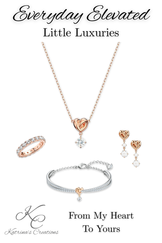 Rose gold heart jewelry set with heart pendant necklace, matching earrings, bracelet, and ring styled as romantic everyday jewelry.