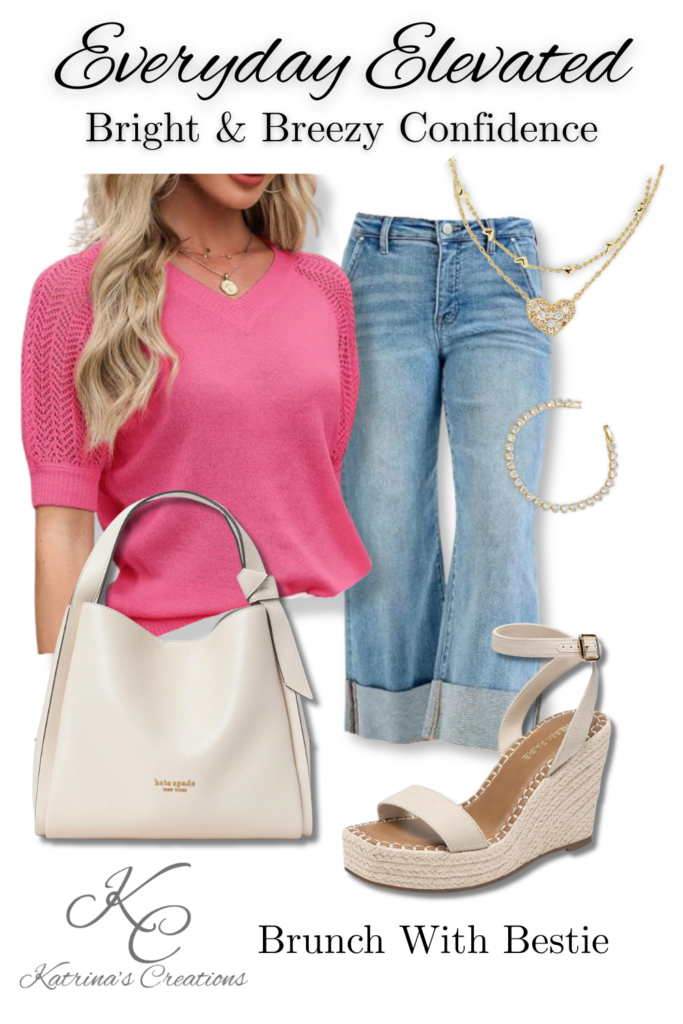 Pink knit top paired with cuffed wide leg jeans, neutral wedge sandals, beige handbag, and layered gold jewelry for a spring patio outfit.