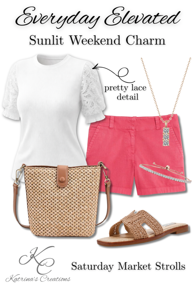 White lace sleeve top styled with coral shorts, woven crossbody bag, neutral slide sandals, and delicate jewelry for an Everyday Elevated casual spring outfit idea.