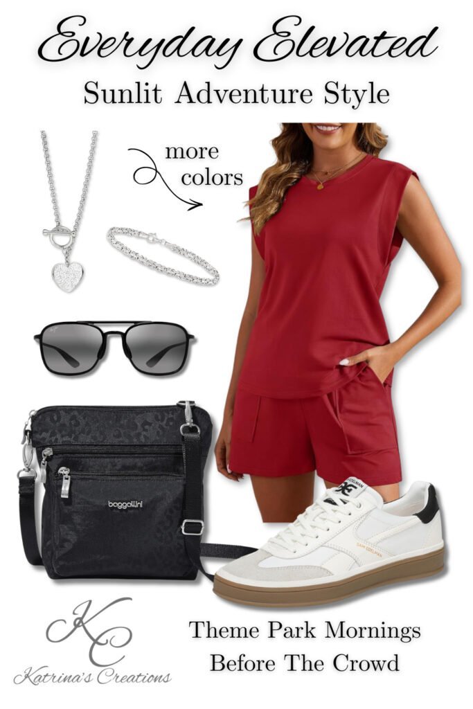 Red summer athletic lounge set outfit styled with white sneakers, crossbody bag, sunglasses, and silver jewelry for a comfortable theme park outfit idea for women.