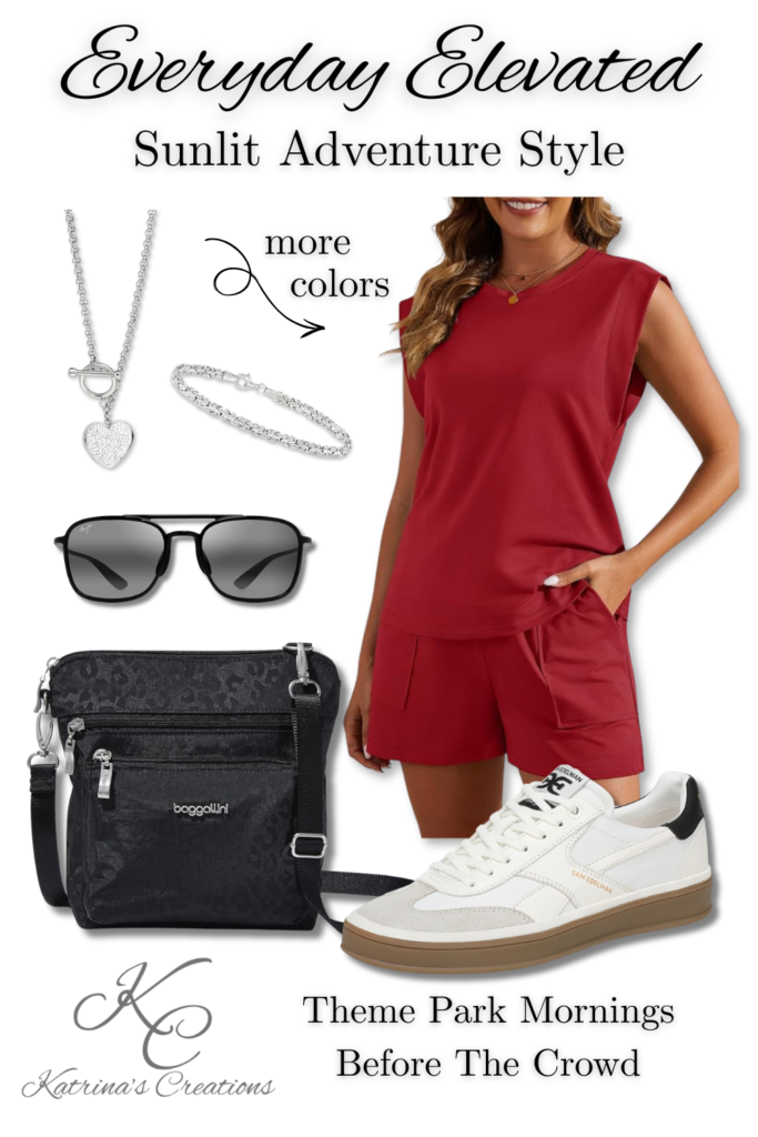 Red summer athletic lounge set outfit styled with white sneakers, crossbody bag, sunglasses, and silver jewelry for a comfortable theme park outfit idea for women.