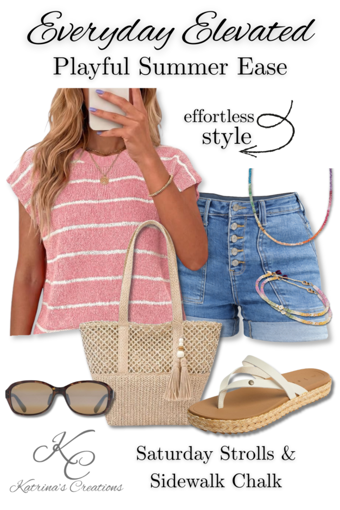 Casual summer outfit with denim shorts featuring pink striped knit top, high waist denim shorts, woven tote bag, neutral sandals, sunglasses, and colorful bracelets styled for an easy weekend summer look.