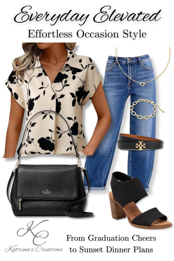 Spring graduation celebration outfit for women featuring a floral blouse, denim jeans, black handbag, block heel sandals, and gold jewelry styled for casual celebration events and summer dinners.