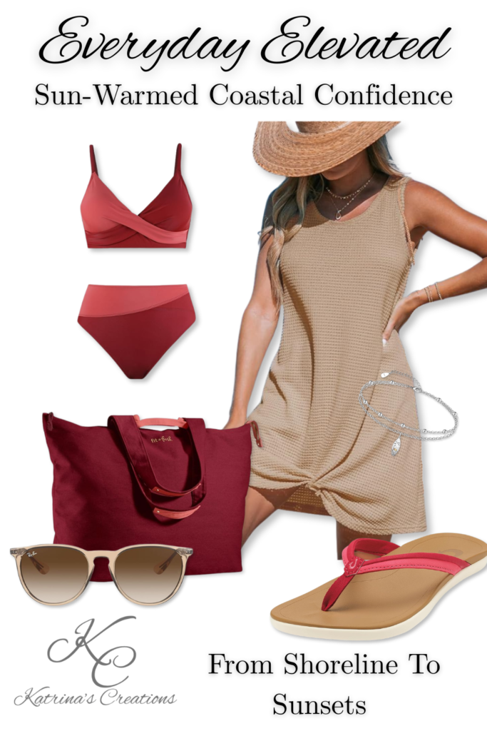 Red two piece swimsuit styled with neutral textured cover up dress, burgundy beach tote, flip flops, and sunglasses for a beach vacation outfit.