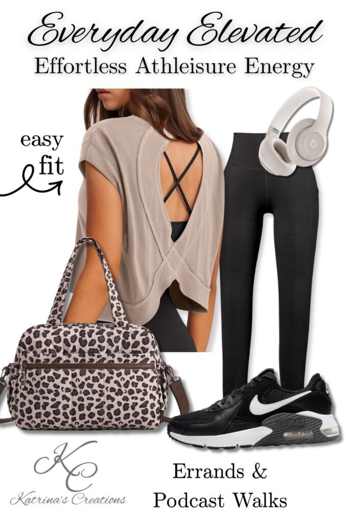 Athleisure outfit idea for errands featuring black leggings, open-back workout top, Nike sneakers, leopard duffle bag, and headphones styled for errands and casual walks.