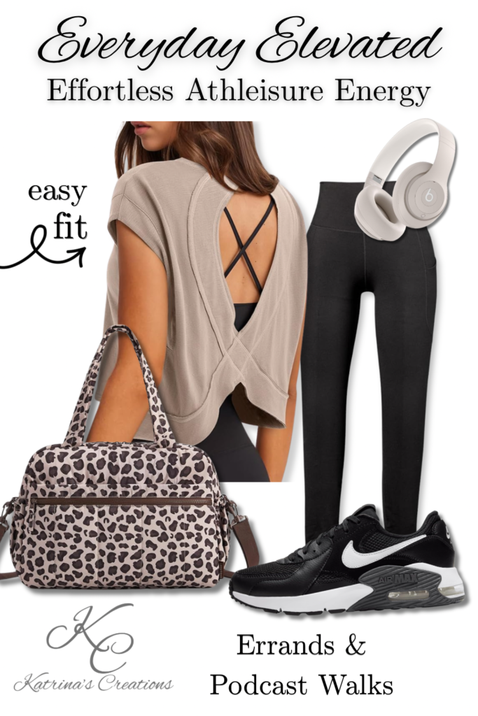 Athleisure outfit idea for errands featuring black leggings, open-back workout top, Nike sneakers, leopard duffle bag, and headphones styled for errands and casual walks.