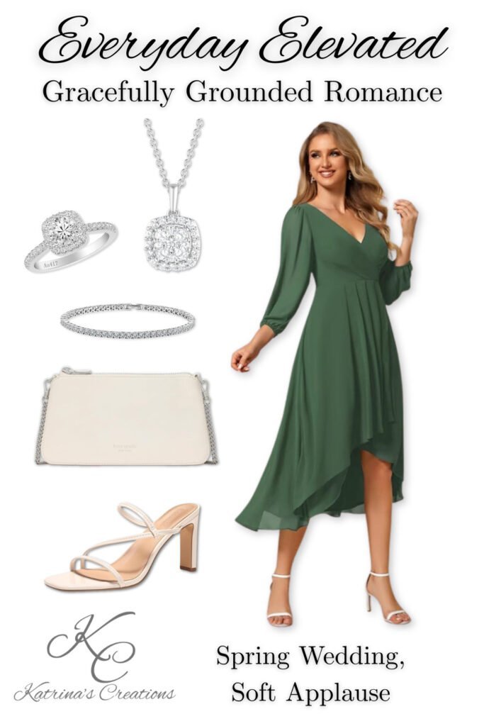 Emerald green asymmetrical chiffon midi dress styled as a spring wedding guest dress outfit with silver halo jewelry, white clutch, and nude heels.