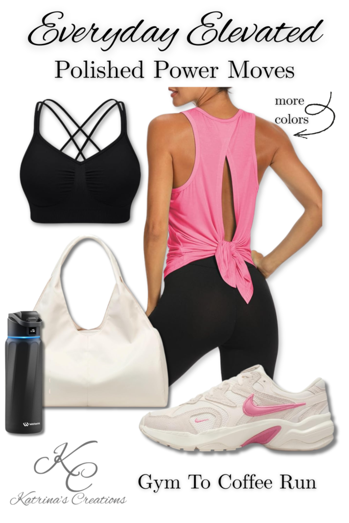 Black leggings styled with pink open-back workout tank, chunky sneakers, tote bag, and water bottle for a polished gym to errands athleisure outfit.