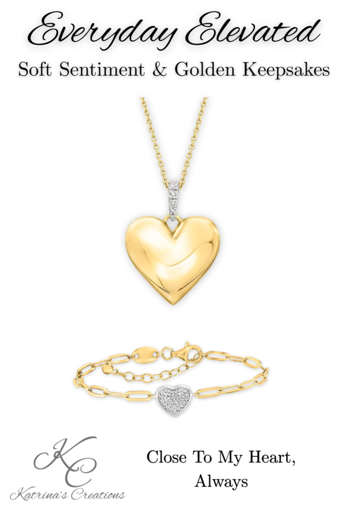 Gold heart necklace and bracelet set with polished heart pendant and delicate chain bracelet styled as meaningful everyday jewelry for women.