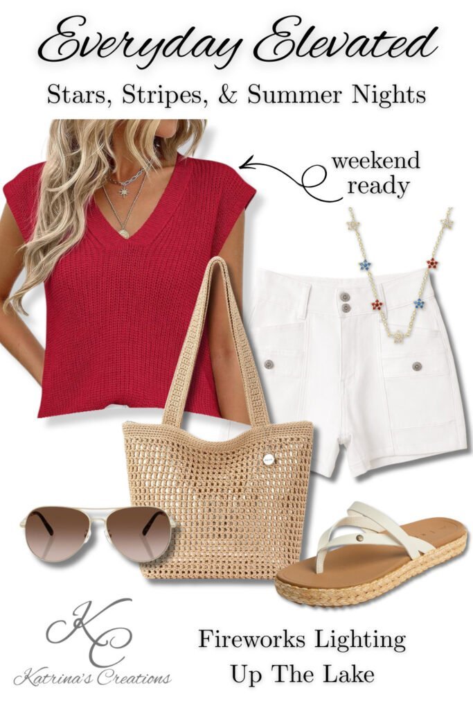 Red and white Fourth of July lake outfit featuring a knit red top, white shorts, woven tote bag, sunglasses, sandals, and star jewelry styled for summer fireworks nights.