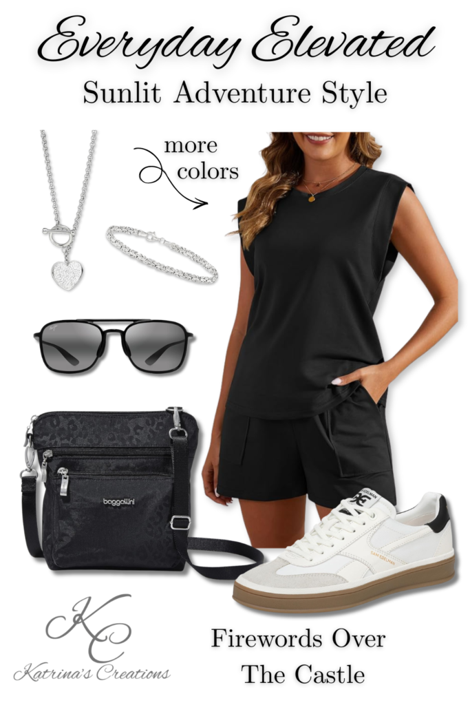 Fireworks night outfit for women featuring a black athletic lounge set, white sneakers, crossbody bag, sunglasses, and silver jewelry styled for theme park evenings and summer vacations.