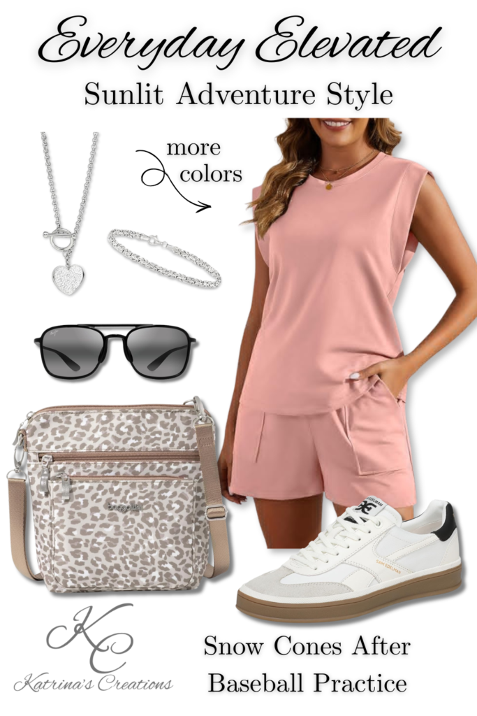 Casual summer outfit for moms featuring a pink athletic lounge set, white sneakers, leopard crossbody bag, sunglasses, and silver jewelry styled for summer family activities.
