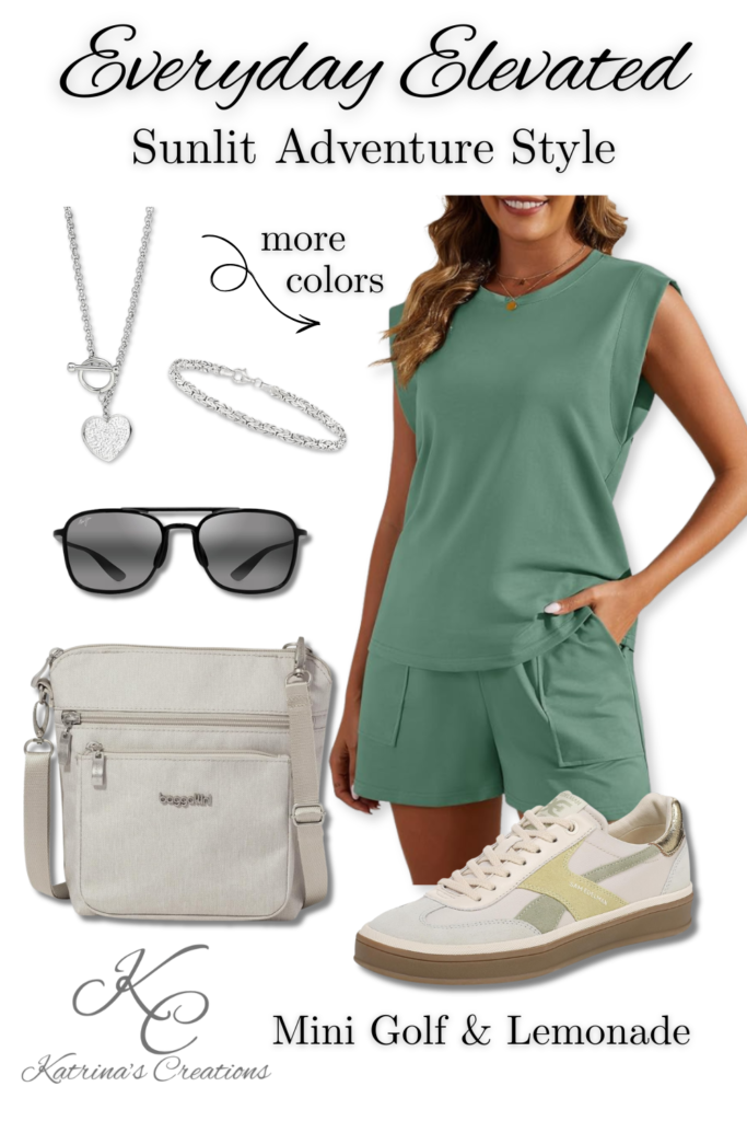 Mini golf outfit idea for women featuring a green athletic lounge set, casual sneakers, crossbody bag, sunglasses, and jewelry styled for summer family outings.