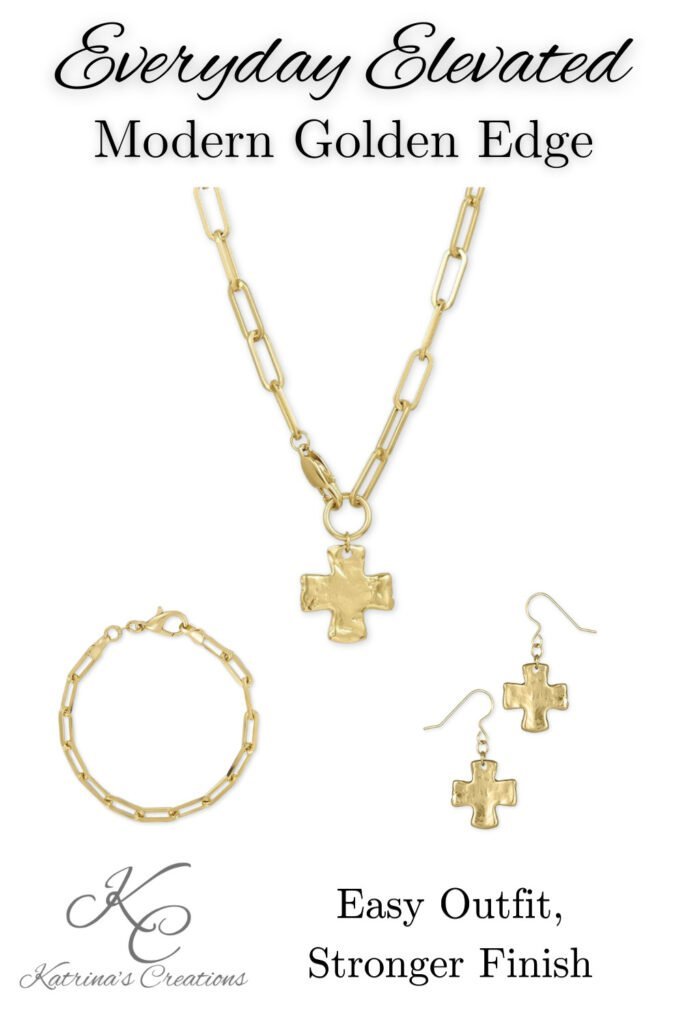 Gold jewelry set featuring a paperclip chain necklace with cross pendant, matching bracelet, and cross drop earrings styled for a modern everyday elevated look